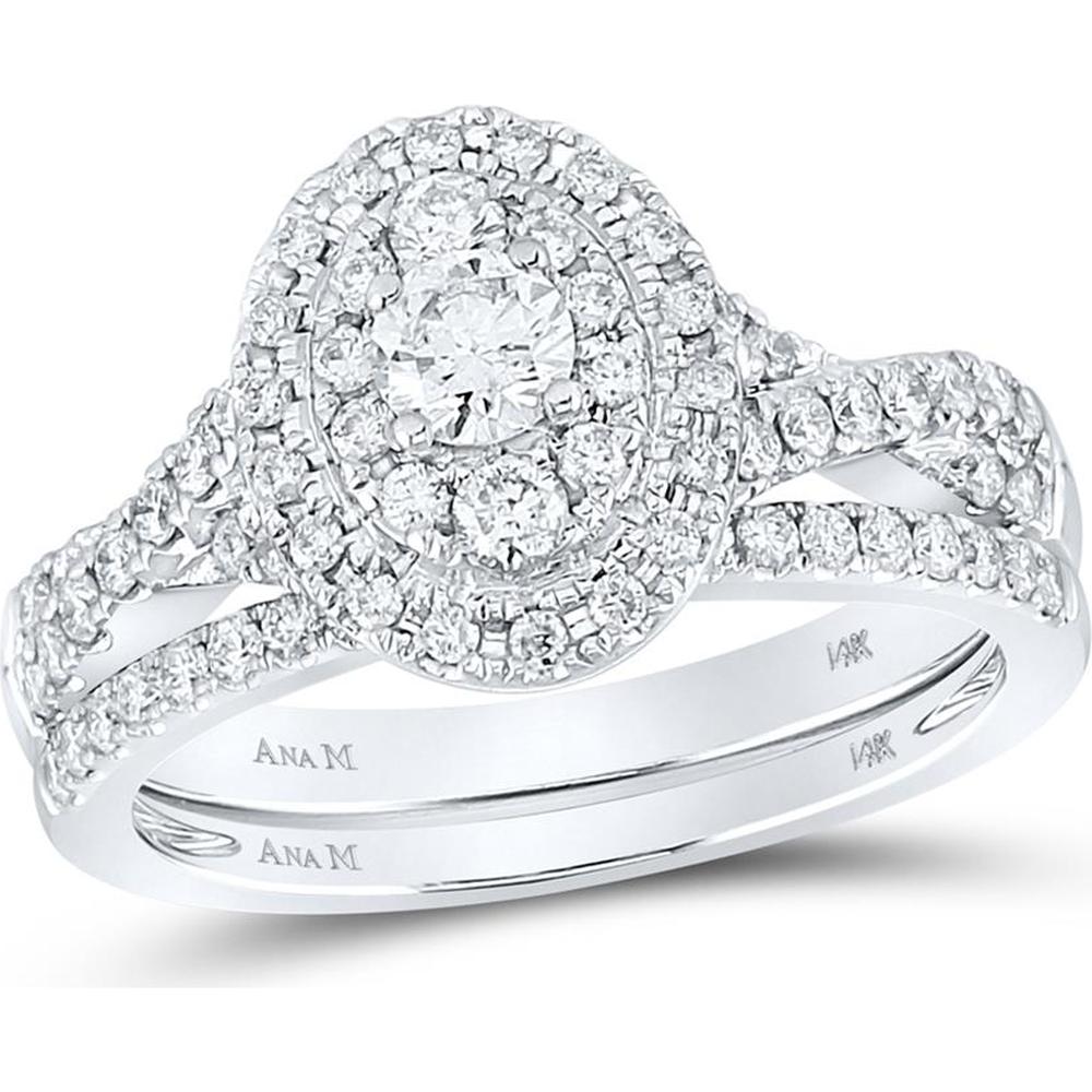 GND 14K White Gold Round Diamond Bridal Wedding Ring Set with Prong-Set Center and Pave-Set Halo - 1.00 Carat Total Diamond Weight