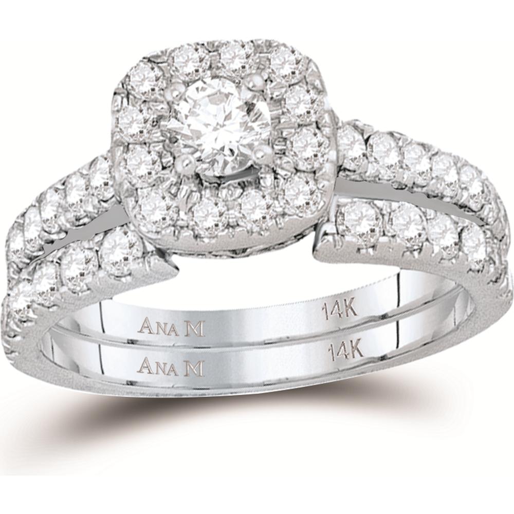 GND 14K White Gold Round Diamond Bridal Wedding Ring Set with Prong-Set Halo - 1-3/8 Total Carat Weight