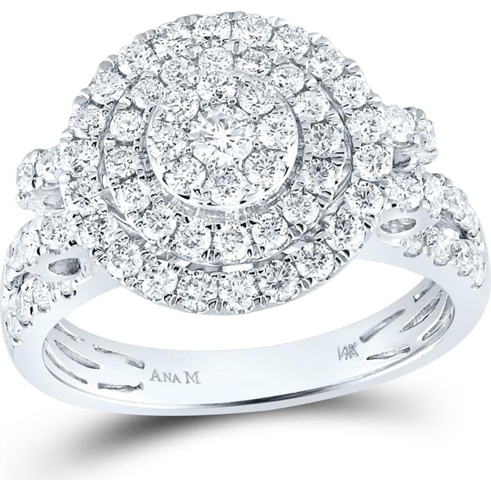 GND 14K White Gold Round Diamond Circle Cluster Ring with Prong Set Diamonds - 1.33 Carat Total Diamond Weight