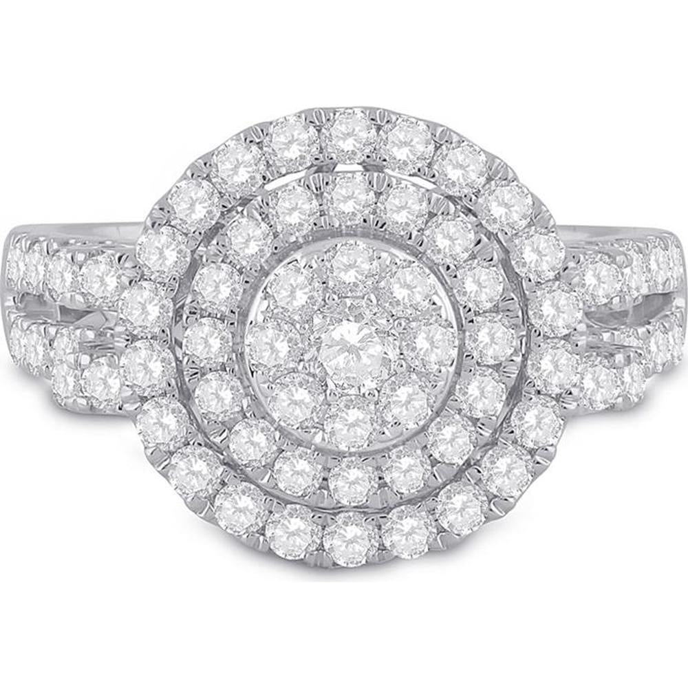 GND 14K White Gold Round Diamond Circle Cluster Ring with Prong Set Diamonds - 1.33 Carat Total Diamond Weight