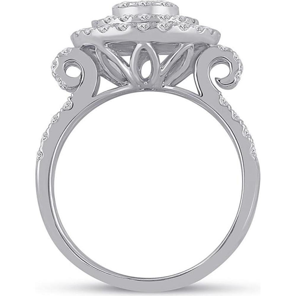 GND 14K White Gold Round Diamond Circle Cluster Ring with Prong Set Diamonds - 1.33 Carat Total Diamond Weight