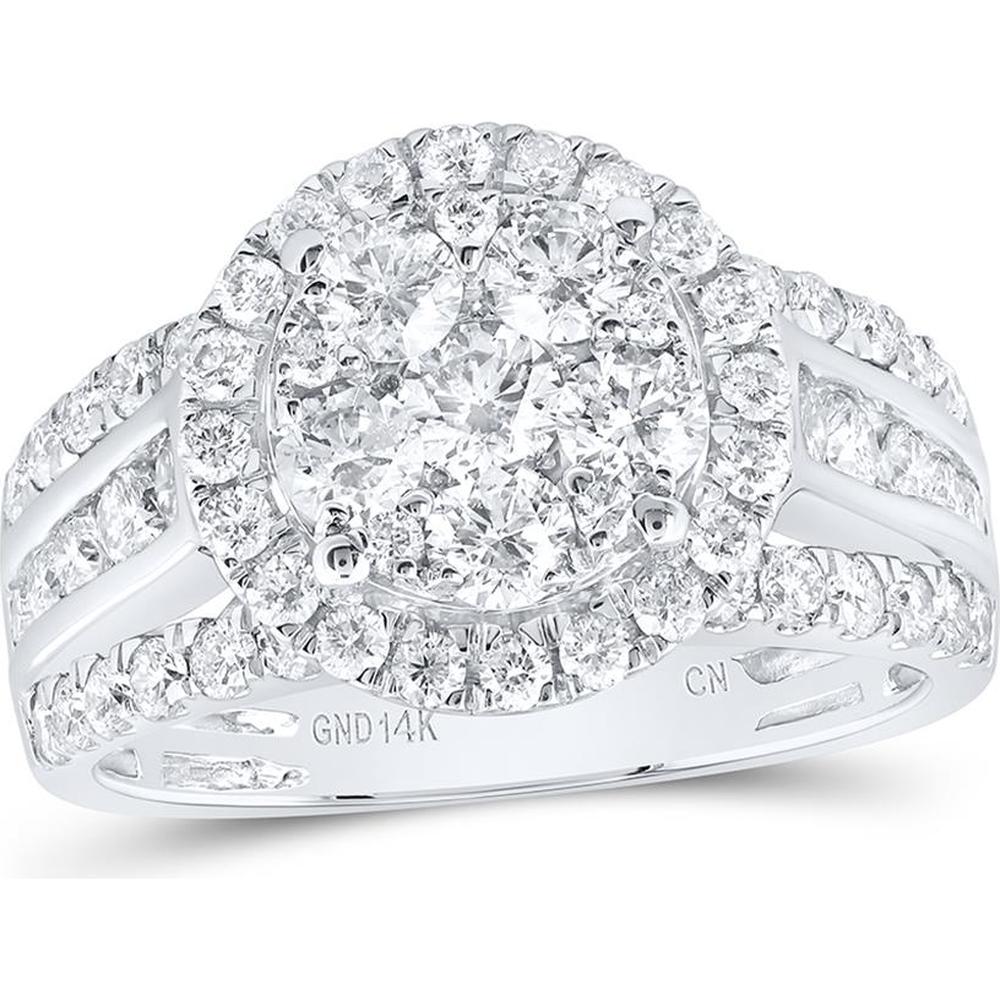 GND 14K White Gold Round Diamond Cluster Bridal Engagement Ring - 2 Carat Total Diamond Weight