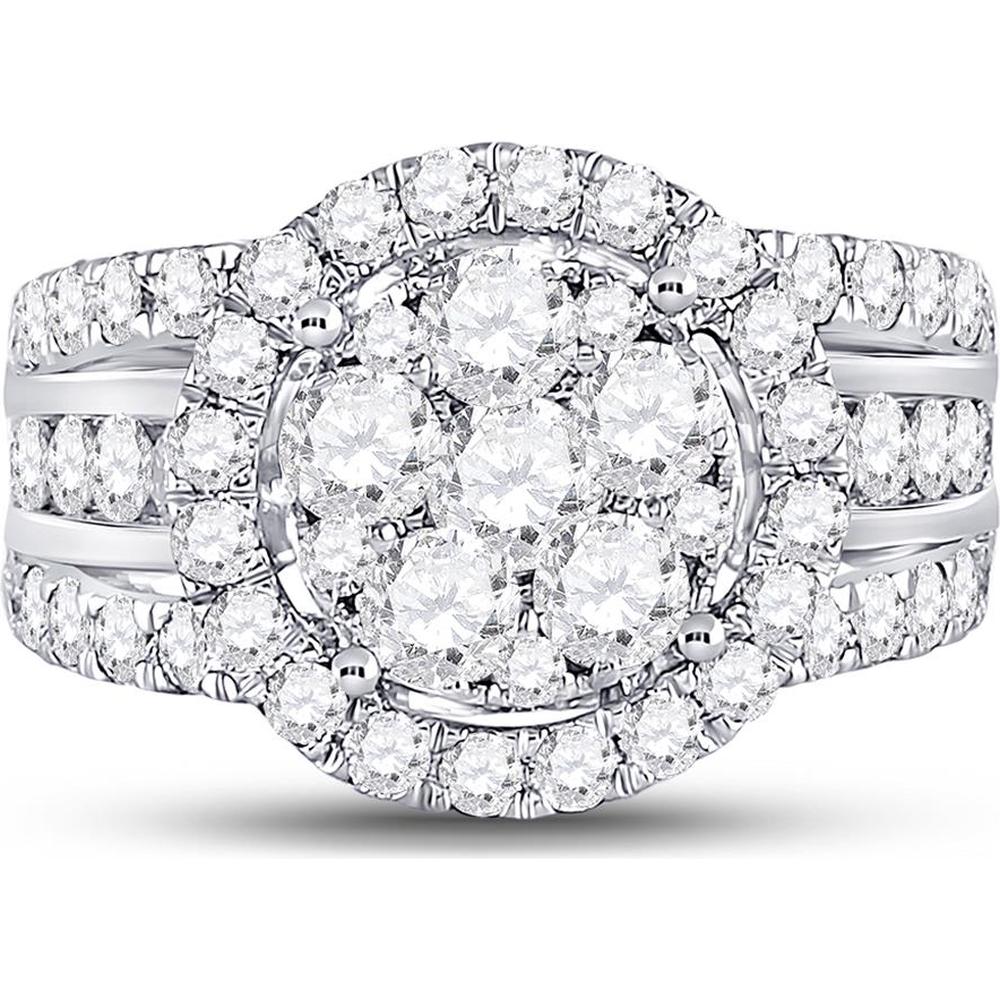 GND 14K White Gold Round Diamond Cluster Bridal Engagement Ring - 2 Carat Total Diamond Weight