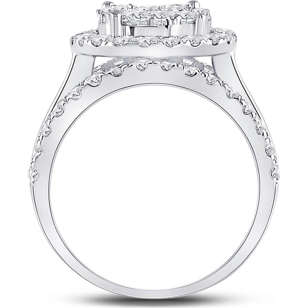 GND 14K White Gold Round Diamond Cluster Bridal Engagement Ring - 2 Carat Total Diamond Weight