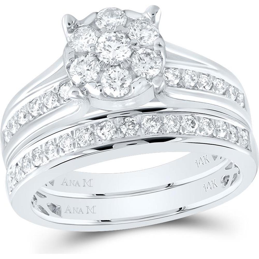 GND 14K White Gold Round Diamond Cluster Bridal Wedding Ring Set - 1.00 Carat Total Diamond Weight