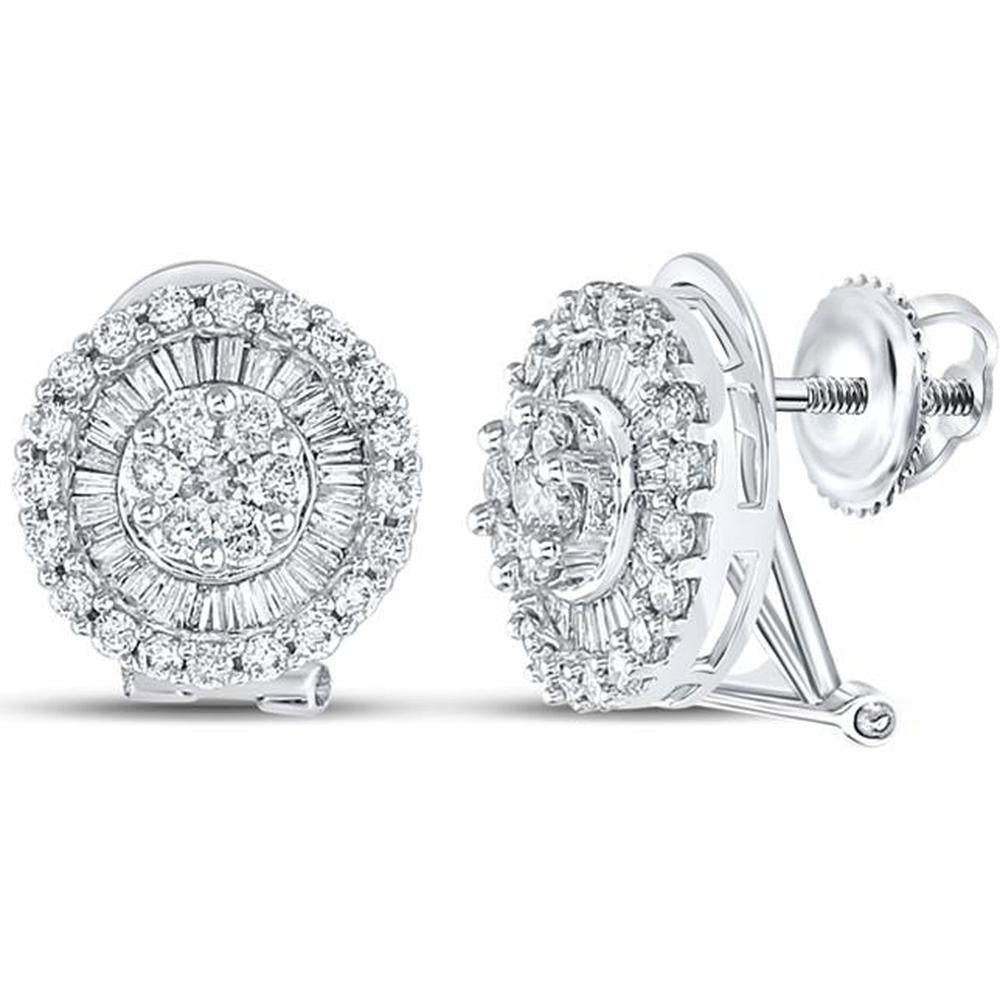 GND 14K White Gold Round Diamond Cluster Earrings with Prong and Channel Set Diamonds - 1.00 Carat Total Diamond Weight