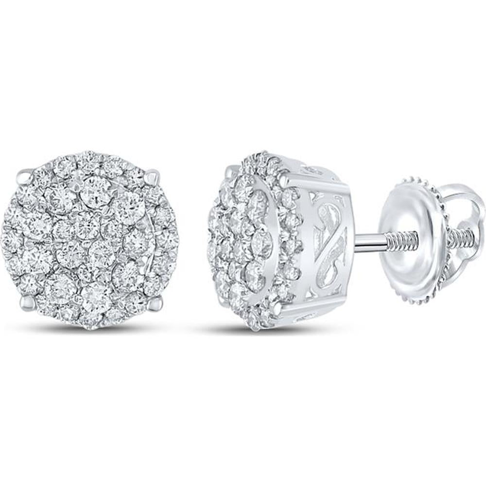 GND 14K White Gold Round Diamond Cluster Stud Earrings - 1.00 Carat Total Diamond Weight