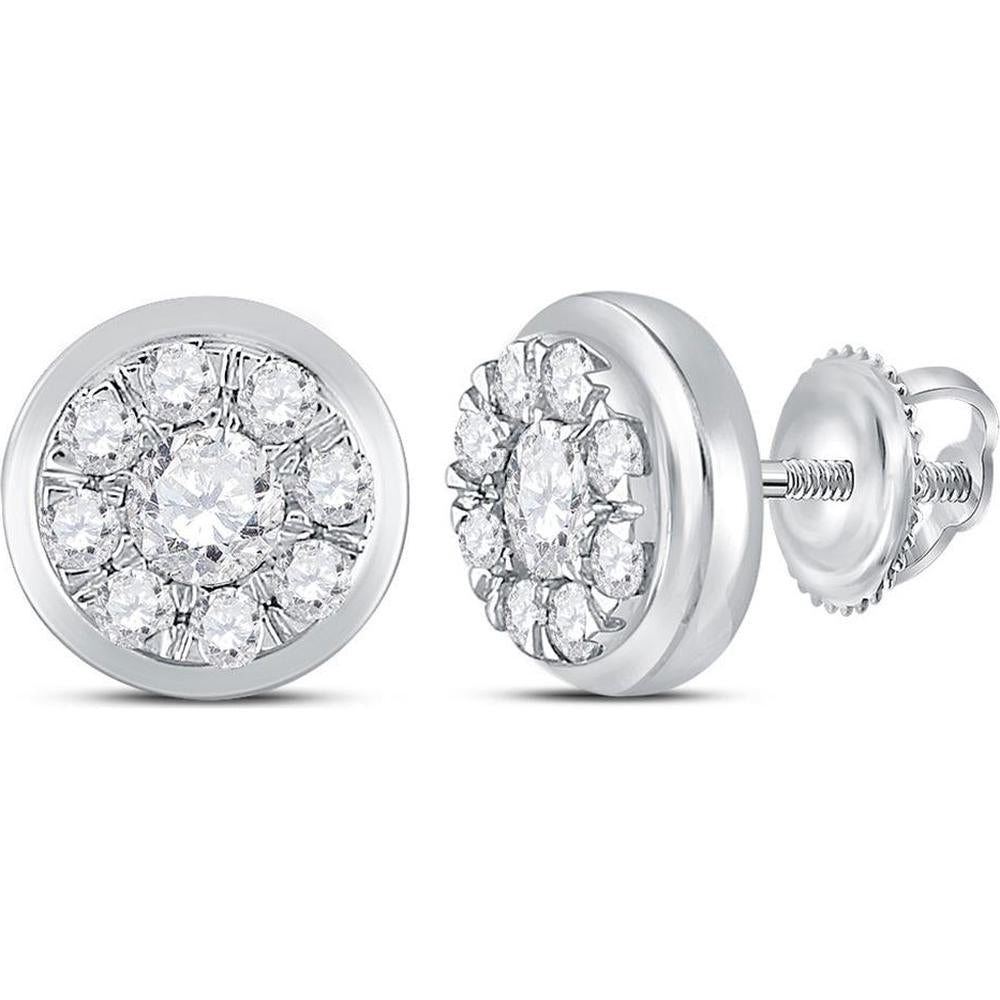 GND 14K White Gold Round Diamond Cluster Stud Earrings - 1.01 Carat Total Diamond Weight