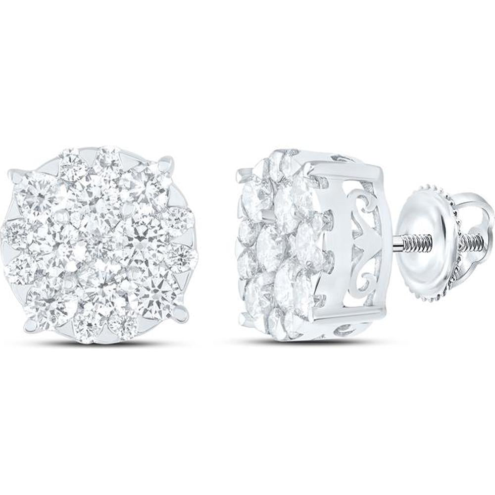GND 14K White Gold Round Diamond Cluster Stud Earrings - 1.08 Carat Total Diamond Weight