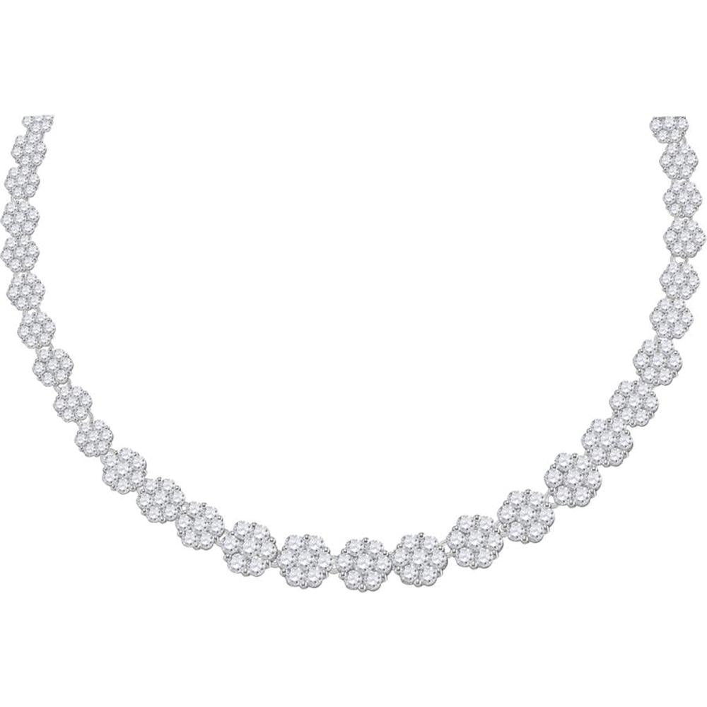GND 14K White Gold Round Diamond Cocktail Flower Cluster Necklace - 14 Carats Total Diamond Weight