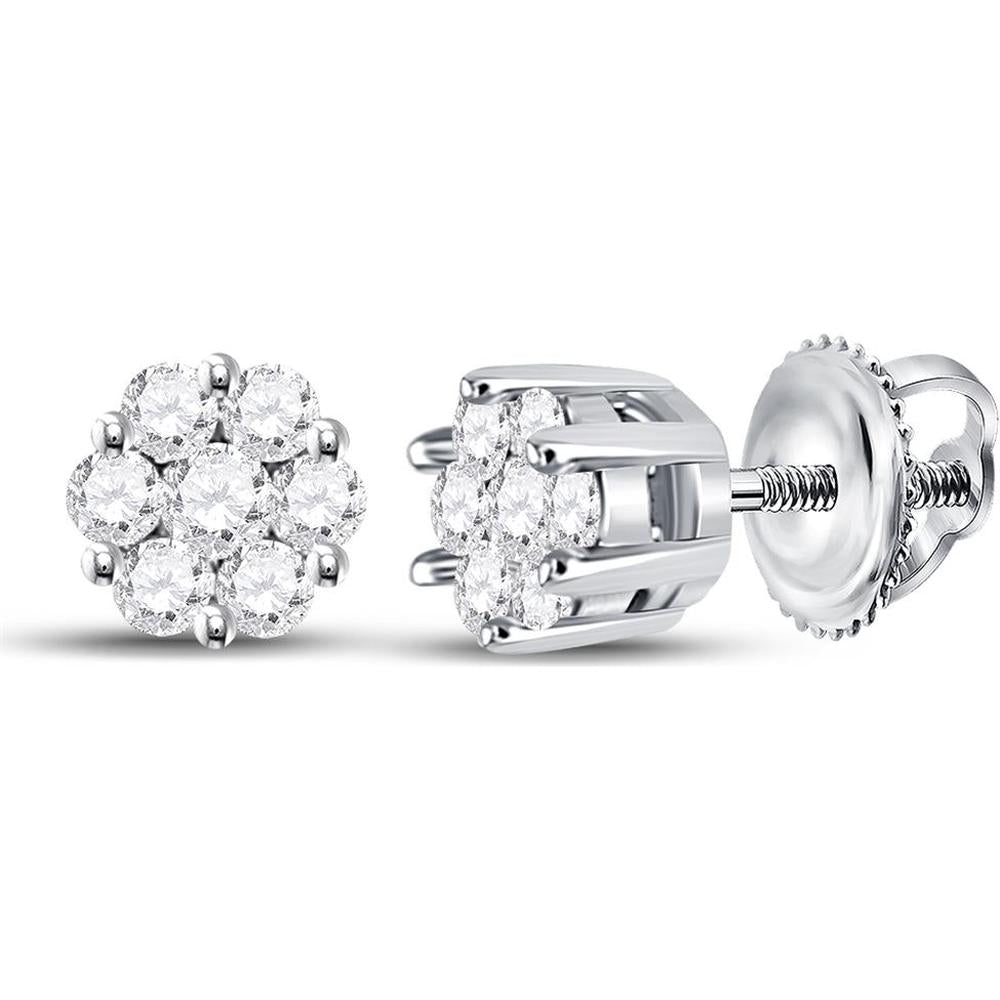 GND 14K White Gold Round Diamond Flower Cluster Earrings - 0.25 Carat Total Diamond Weight