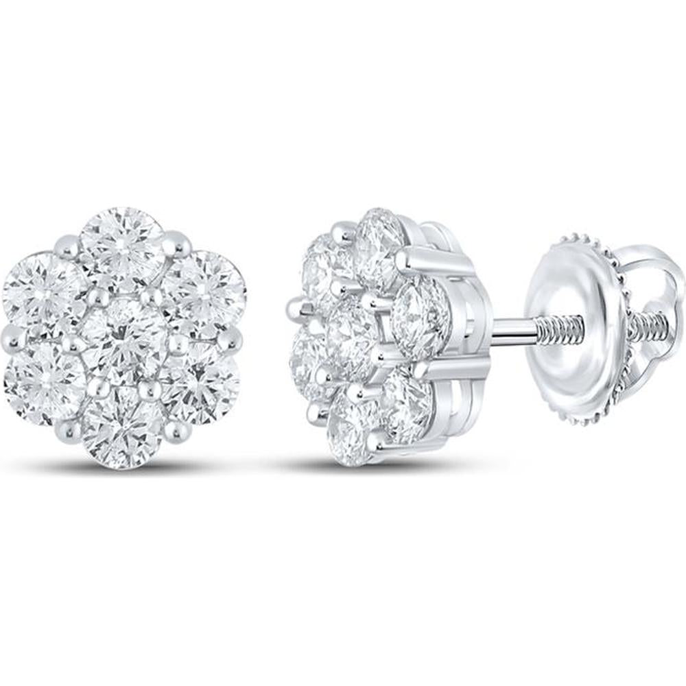 GND 14K White Gold Round Diamond Flower Cluster Earrings – 1-1/2 Carat Total Diamond Weight
