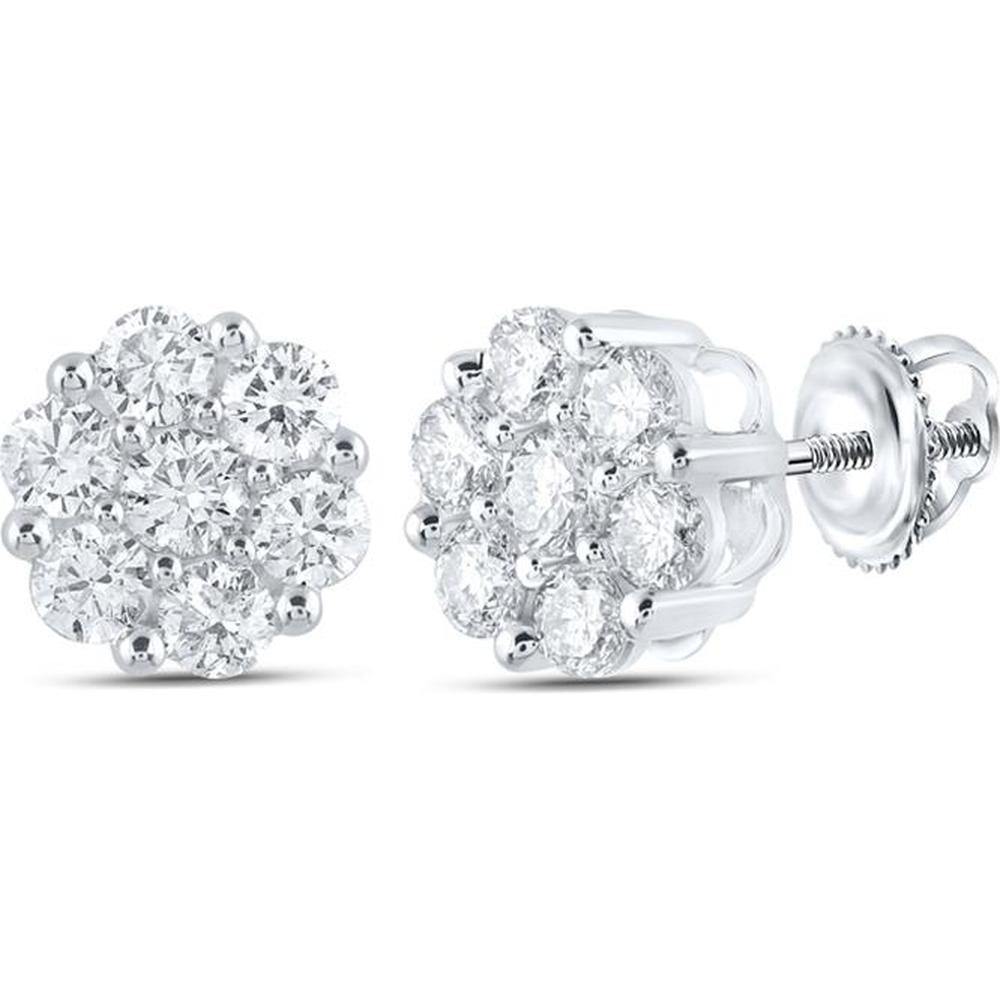 GND 14K White Gold Round Diamond Flower Cluster Earrings - 1-1/5 Total Carat Weight