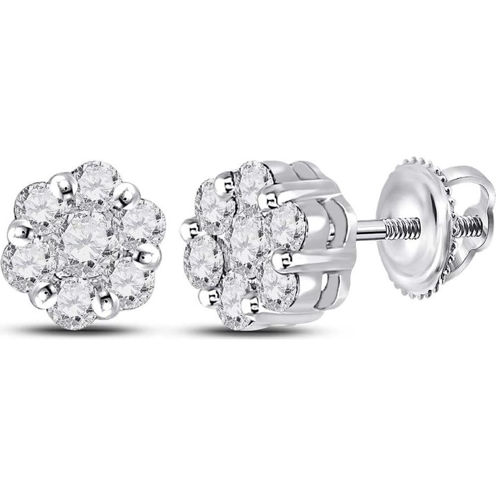 GND 14K White Gold Round Diamond Flower Cluster Earrings - 1/2 Carat Total Weight