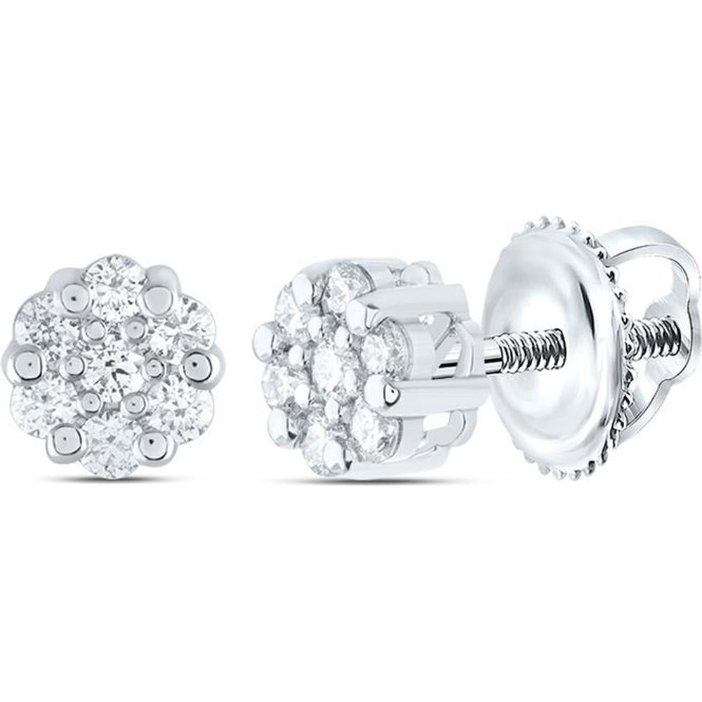 GND 14K White Gold Round Diamond Flower Cluster Earrings with Prong-Set Round Diamonds - 1/4 Total Carat Weight