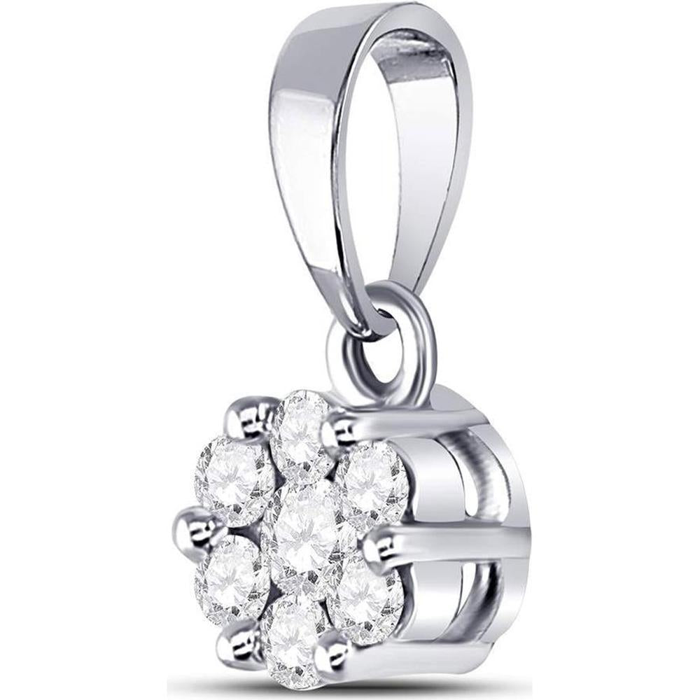 GND 14K White Gold Round Diamond Flower Cluster Pendant - 0.25 Carat Total Diamond Weight