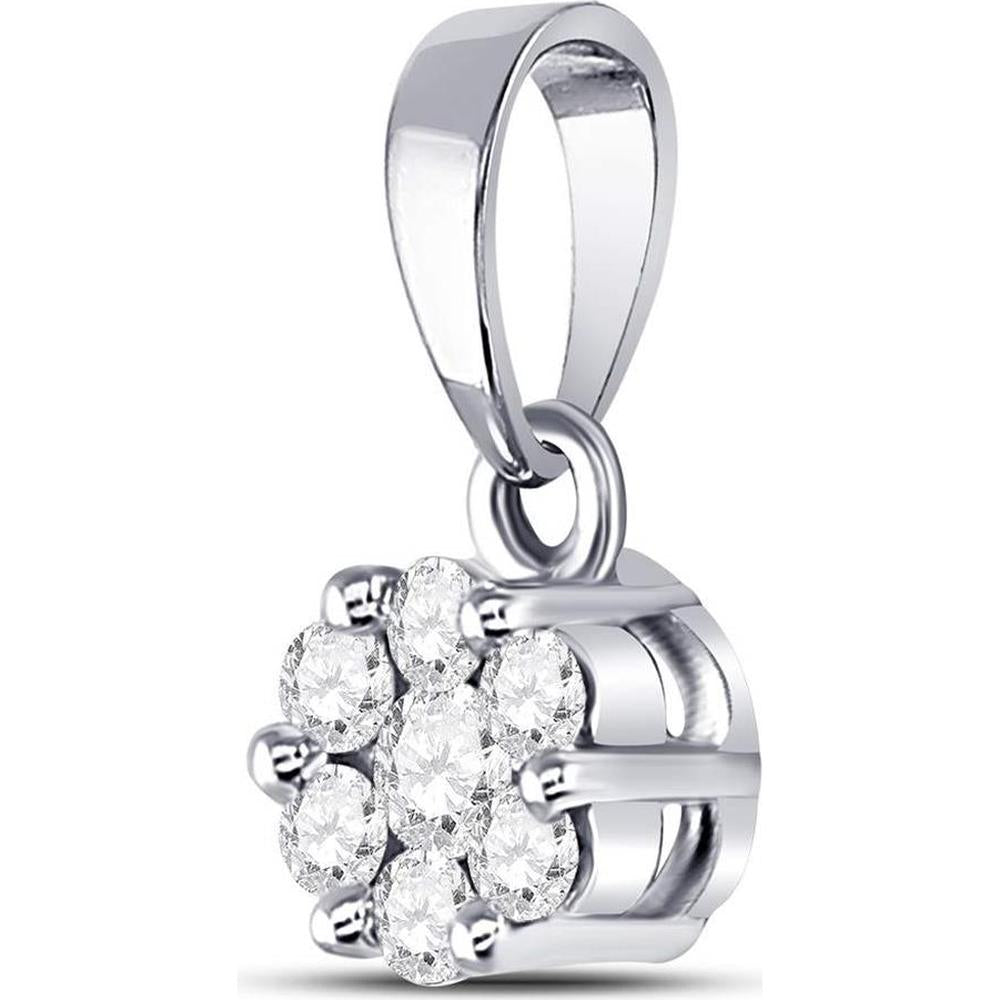 GND 14K White Gold Round Diamond Flower Cluster Pendant - 0.25 Carat Total Diamond Weight