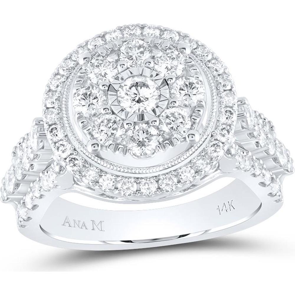 GND 14K White Gold Round Diamond Flower Cluster Ring with 1.75 Carat Total Diamond Weight