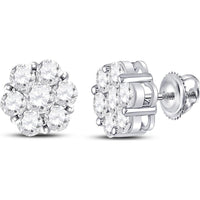 GND 14K White Gold Round Diamond Flower Cluster Stud Earrings - 2-1/2 Carat Total Carat Weight