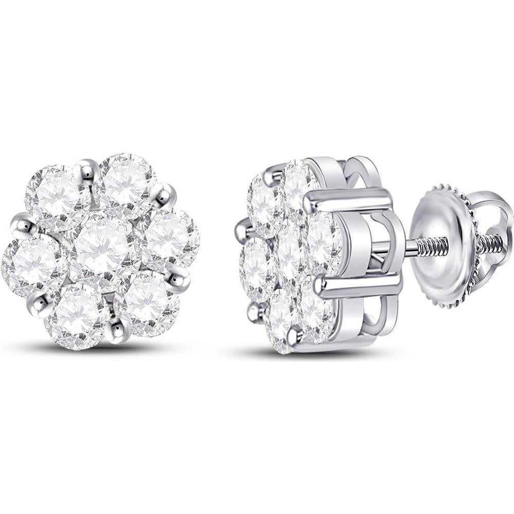 GND 14K White Gold Round Diamond Flower Cluster Stud Earrings - 2-1/2 Carat Total Carat Weight