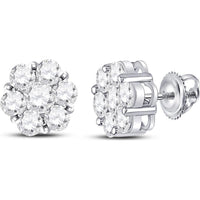 GND 14K White Gold Round Diamond Flower Cluster Stud Earrings - 2-1/2 Carat Total Carat Weight