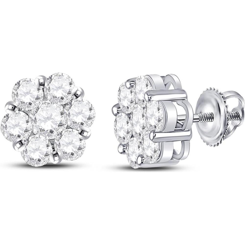 GND 14K White Gold Round Diamond Flower Cluster Stud Earrings - 2-1/2 Carat Total Carat Weight
