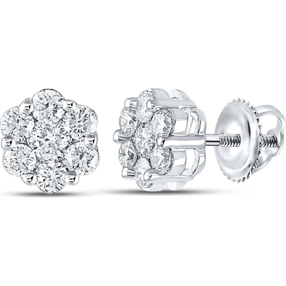 GND 14K White Gold Round Diamond Flower Cluster Stud Earrings - 7/8 Total Carat Weight