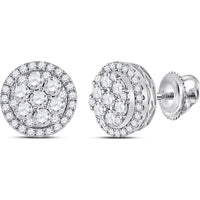 GND 14K White Gold Round Diamond Flower Halo Cluster Earrings - 0.875 Carat Total Diamond Weight