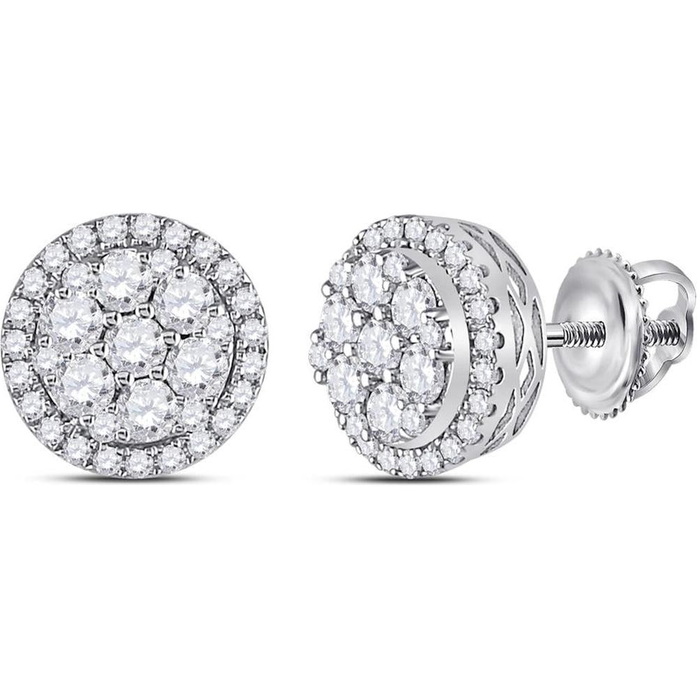 GND 14K White Gold Round Diamond Flower Halo Cluster Earrings - 0.875 Carat Total Diamond Weight