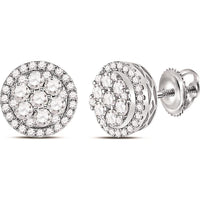 GND 14K White Gold Round Diamond Flower Halo Cluster Earrings - 0.875 Carat Total Diamond Weight