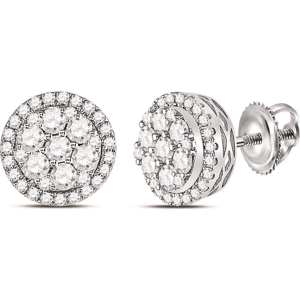 GND 14K White Gold Round Diamond Flower Halo Cluster Earrings - 0.875 Carat Total Diamond Weight
