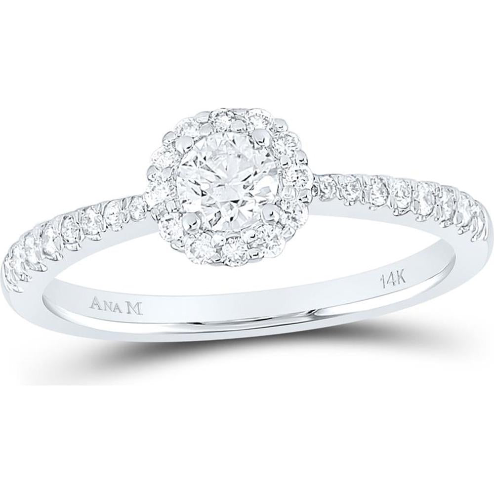 GND 14K White Gold Round Diamond Halo Bridal Engagement Ring - 0.55 Carat Total Diamond Weight