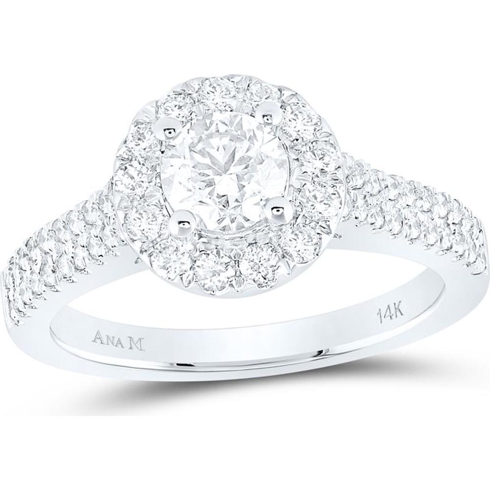GND 14K White Gold Round Diamond Halo Bridal Engagement Ring - 1-1/3 Total Carat Weight