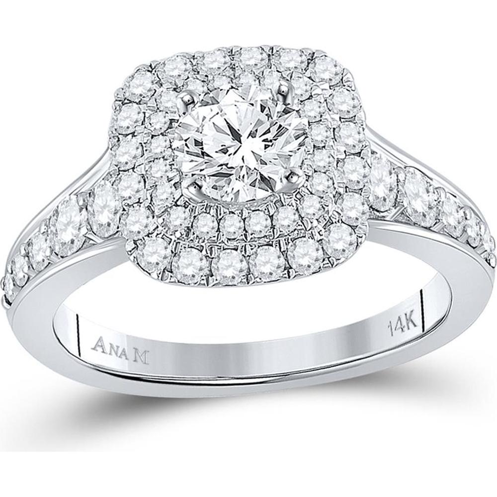 GND 14K White Gold Round Diamond Halo Bridal Engagement Ring - 1-3/4 Carat Total Weight