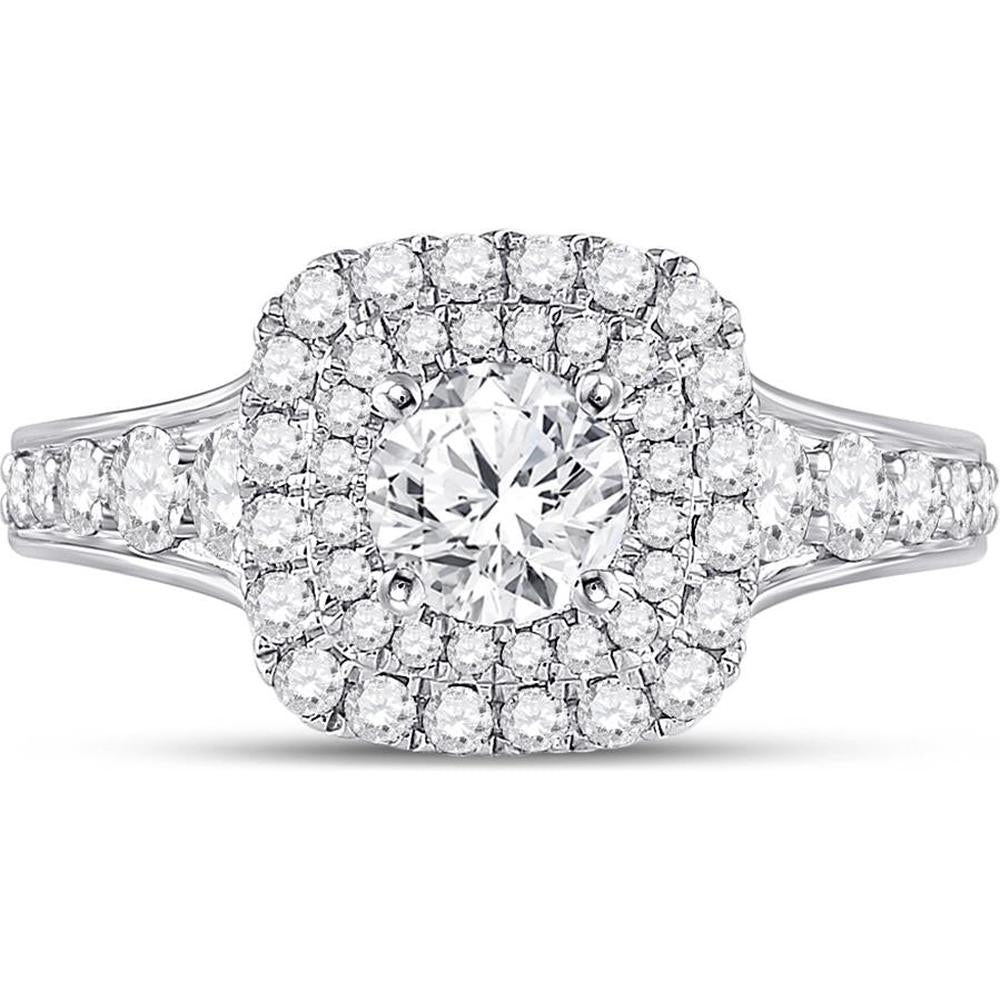 GND 14K White Gold Round Diamond Halo Bridal Engagement Ring - 1-3/4 Carat Total Weight