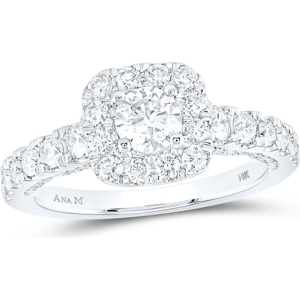 GND 14K White Gold Round Diamond Halo Bridal Engagement Ring with 1-1/2 Carat Total Carat Weight - Certified