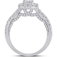 GND 14K White Gold Round Diamond Halo Bridal Engagement Ring with 1-1/2 Carat Total Carat Weight - Certified