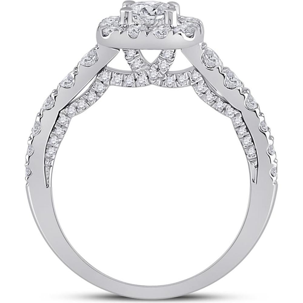 GND 14K White Gold Round Diamond Halo Bridal Engagement Ring with 1-1/2 Carat Total Carat Weight - Certified