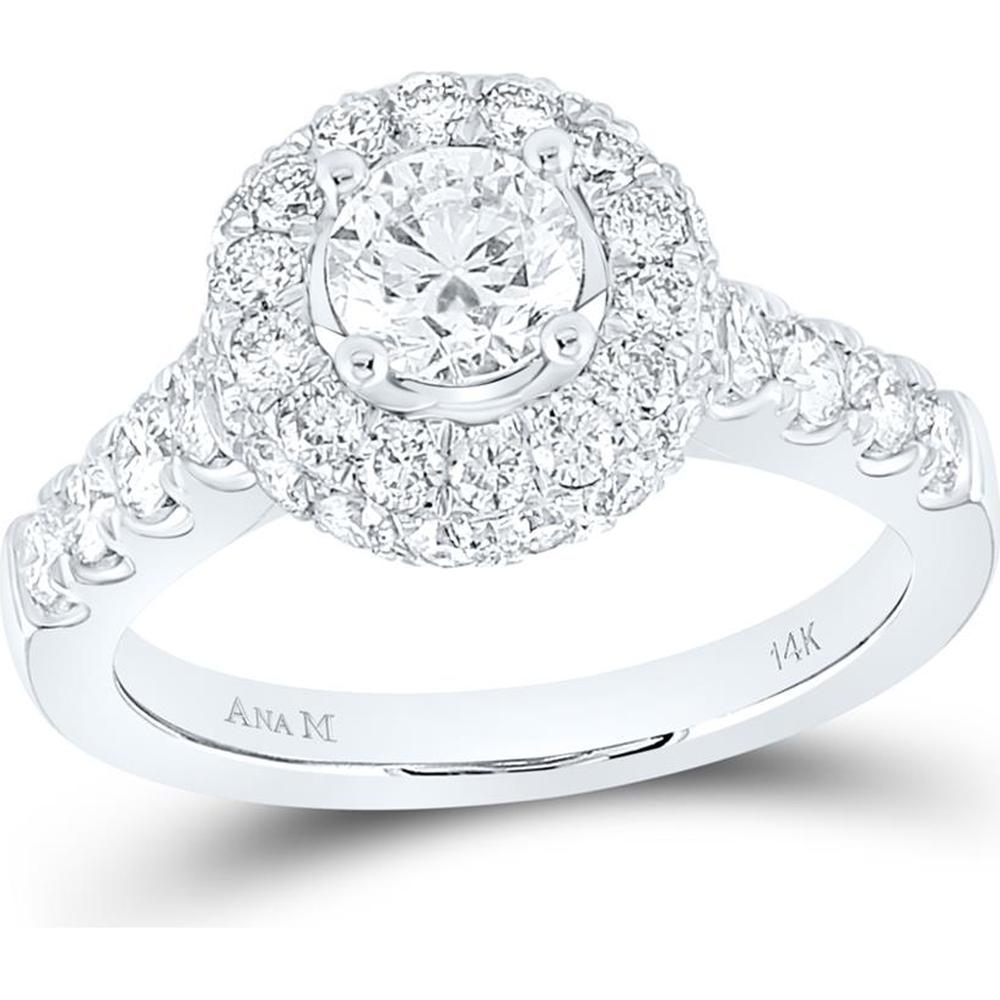 GND 14K White Gold Round Diamond Halo Bridal Engagement Ring with Prong Set Diamonds - 2-1/5 Total Carat Weight
