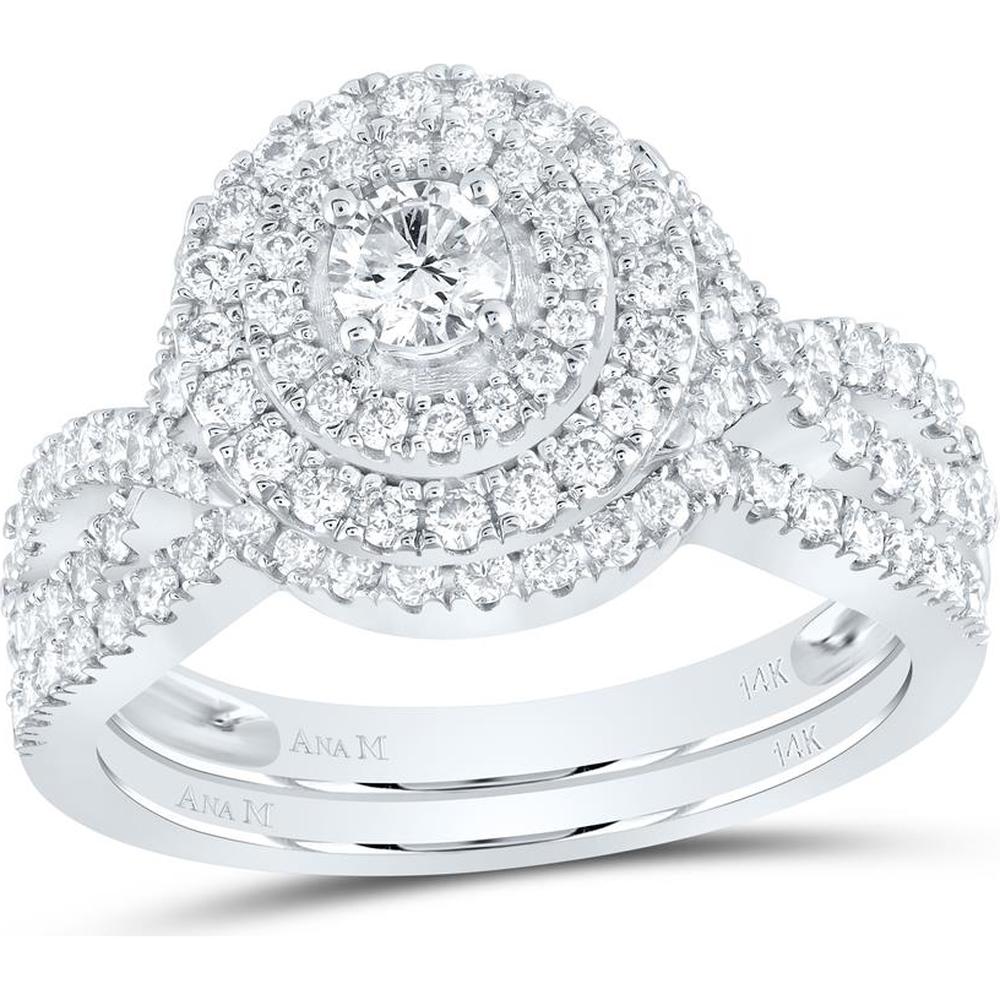 GND 14K White Gold Round Diamond Halo Bridal Wedding Ring Set – 1.00 Carat Total Diamond Weight