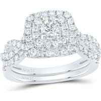GND 14K White Gold Round Diamond Halo Bridal Wedding Ring Set - 1.00 Carat Total Diamond Weight