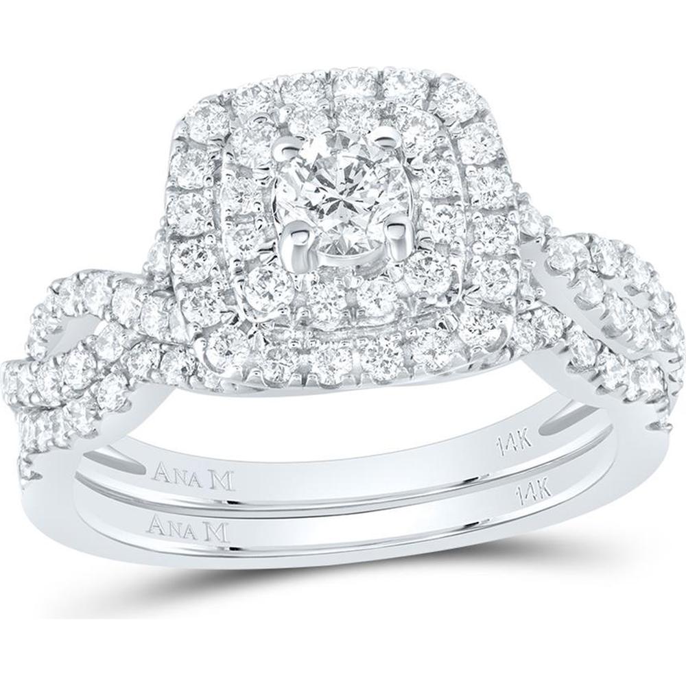 GND 14K White Gold Round Diamond Halo Bridal Wedding Ring Set - 1.00 Carat Total Diamond Weight