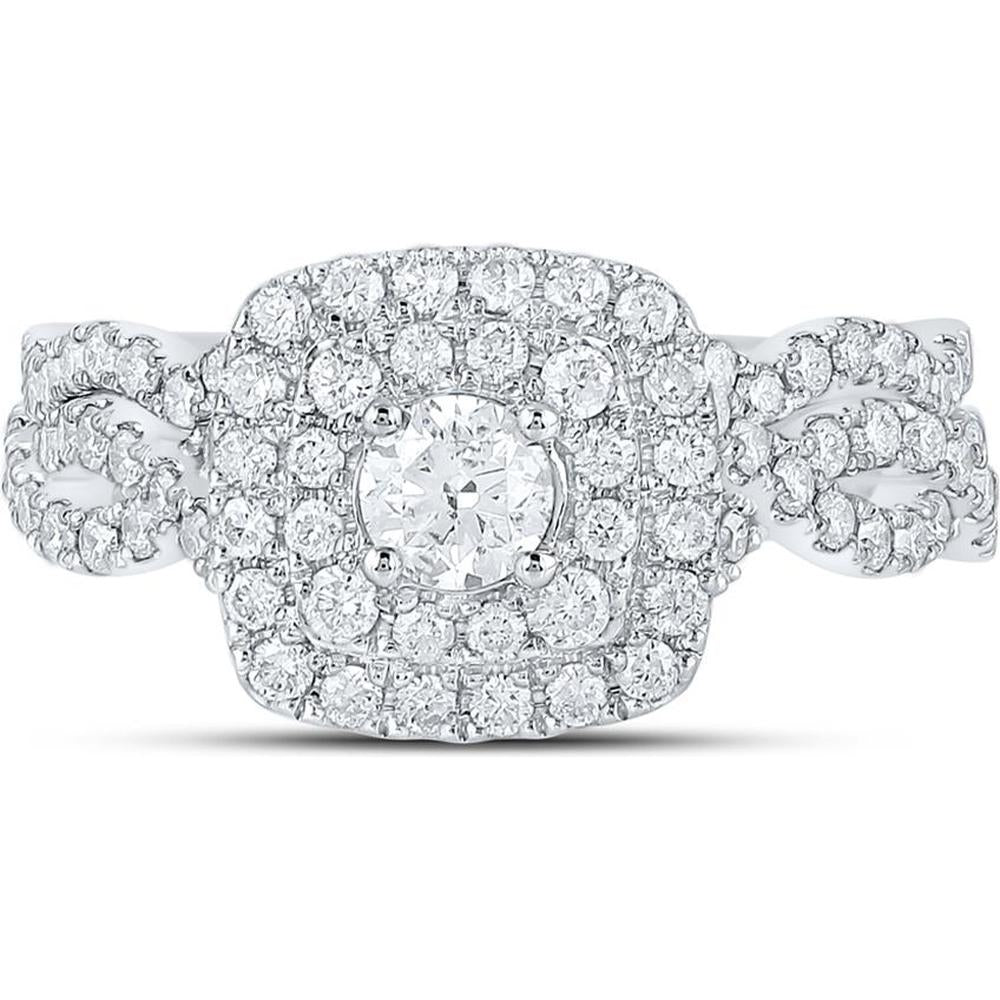 GND 14K White Gold Round Diamond Halo Bridal Wedding Ring Set - 1.00 Carat Total Diamond Weight