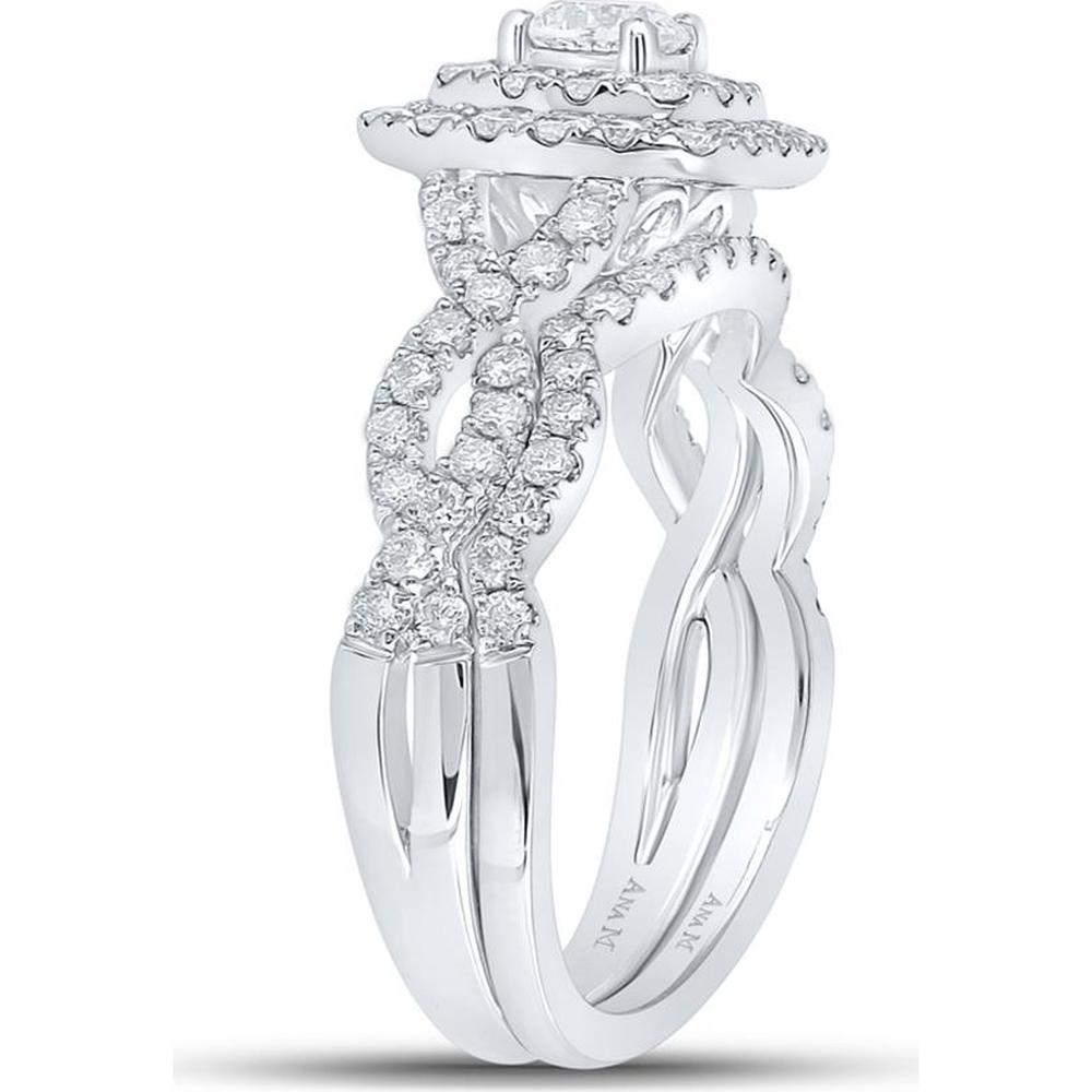 GND 14K White Gold Round Diamond Halo Bridal Wedding Ring Set - 1.00 Carat Total Diamond Weight