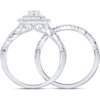 GND 14K White Gold Round Diamond Halo Bridal Wedding Ring Set - 1.00 Carat Total Diamond Weight