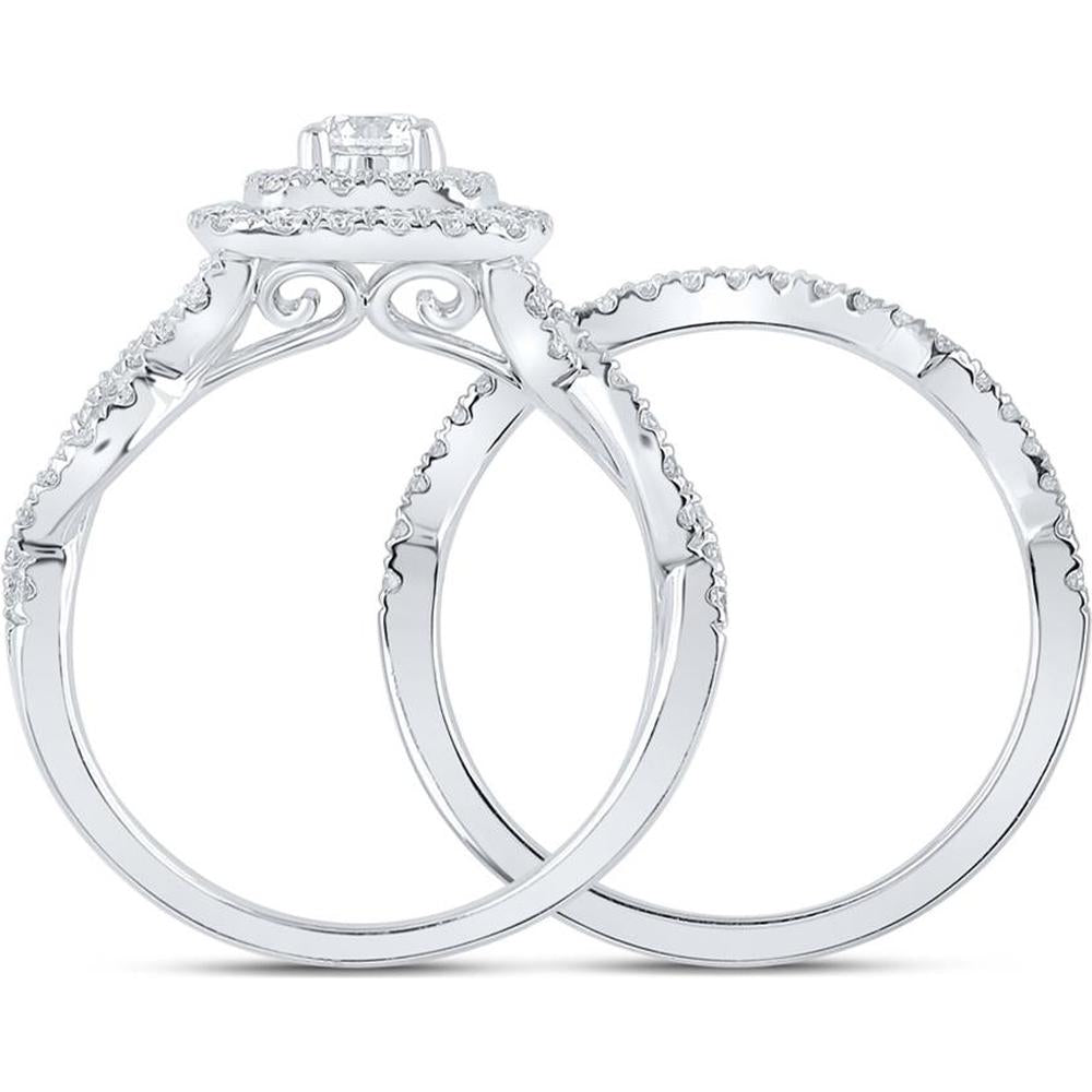 GND 14K White Gold Round Diamond Halo Bridal Wedding Ring Set - 1.00 Carat Total Diamond Weight