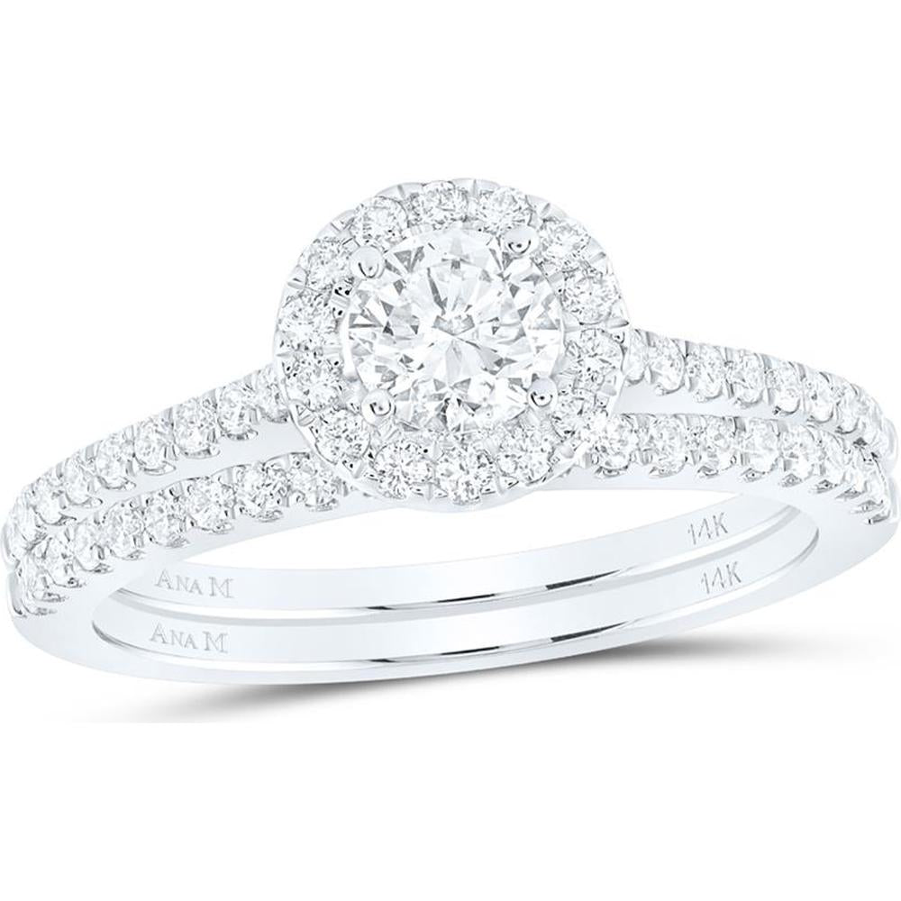 GND 14K White Gold Round Diamond Halo Bridal Wedding Ring Set - 1.00 Carat Total Diamond Weight