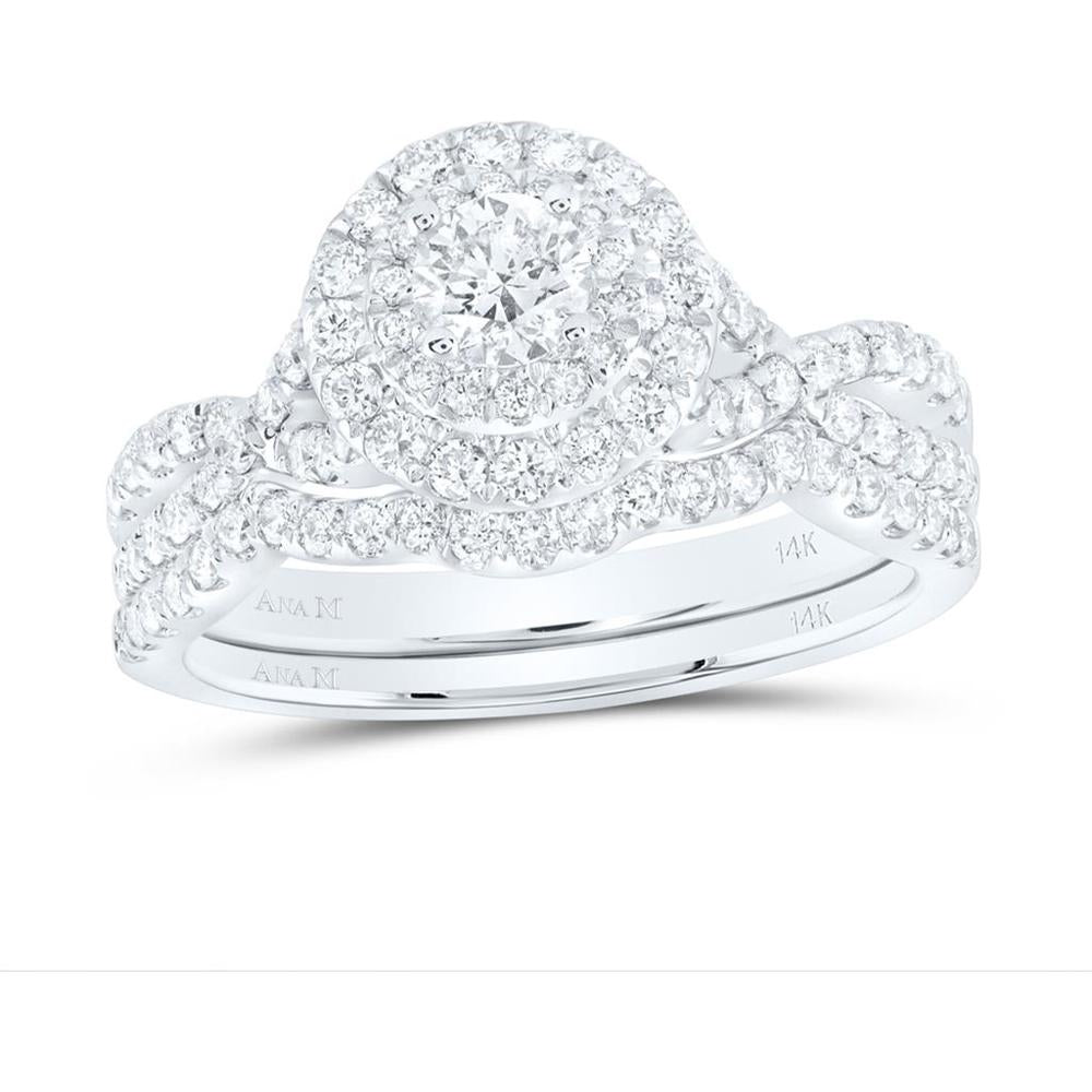 GND 14K White Gold Round Diamond Halo Bridal Wedding Ring Set - 1.00 Carat Total Diamond Weight.