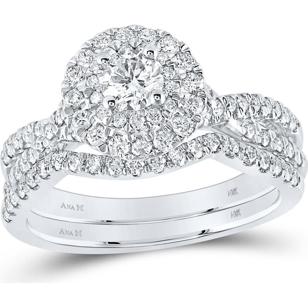 GND 14K White Gold Round Diamond Halo Bridal Wedding Ring Set – 1.00 Carat Total Diamond Weight