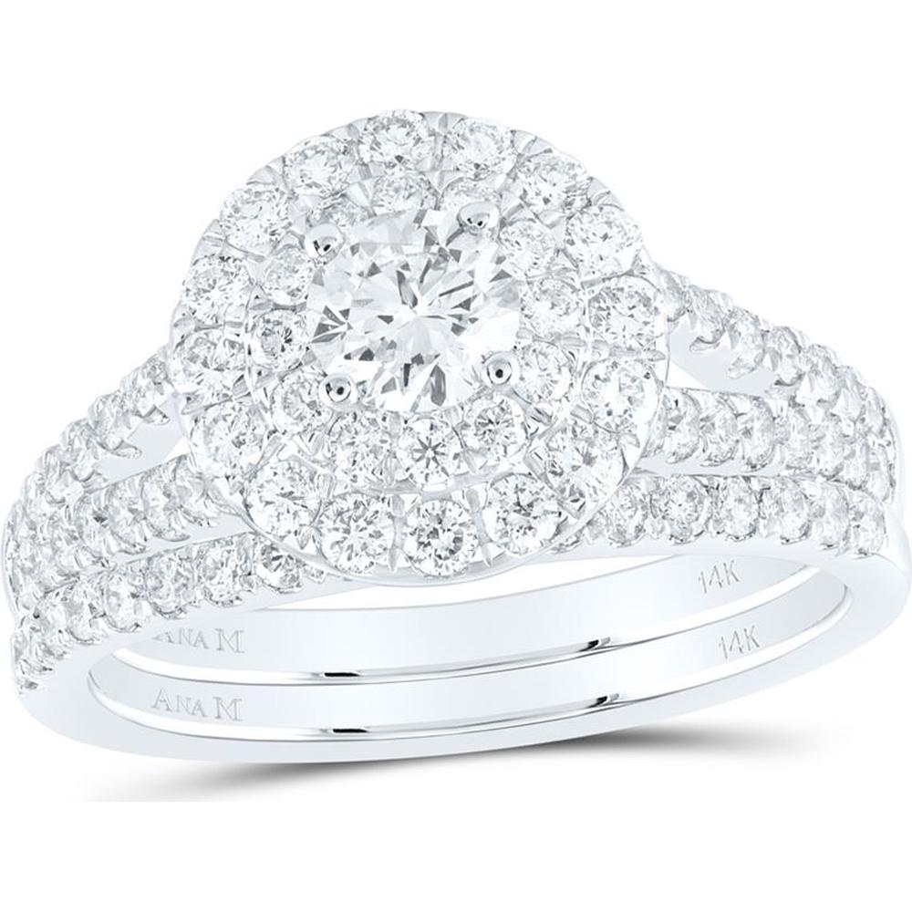 GND 14K White Gold Round Diamond Halo Bridal Wedding Ring Set - 1-1/2 Carat Total Diamond Weight